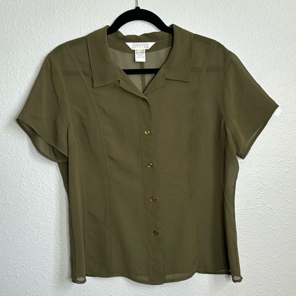Olive green Chiffon, sheer button down shirt, size 13/14